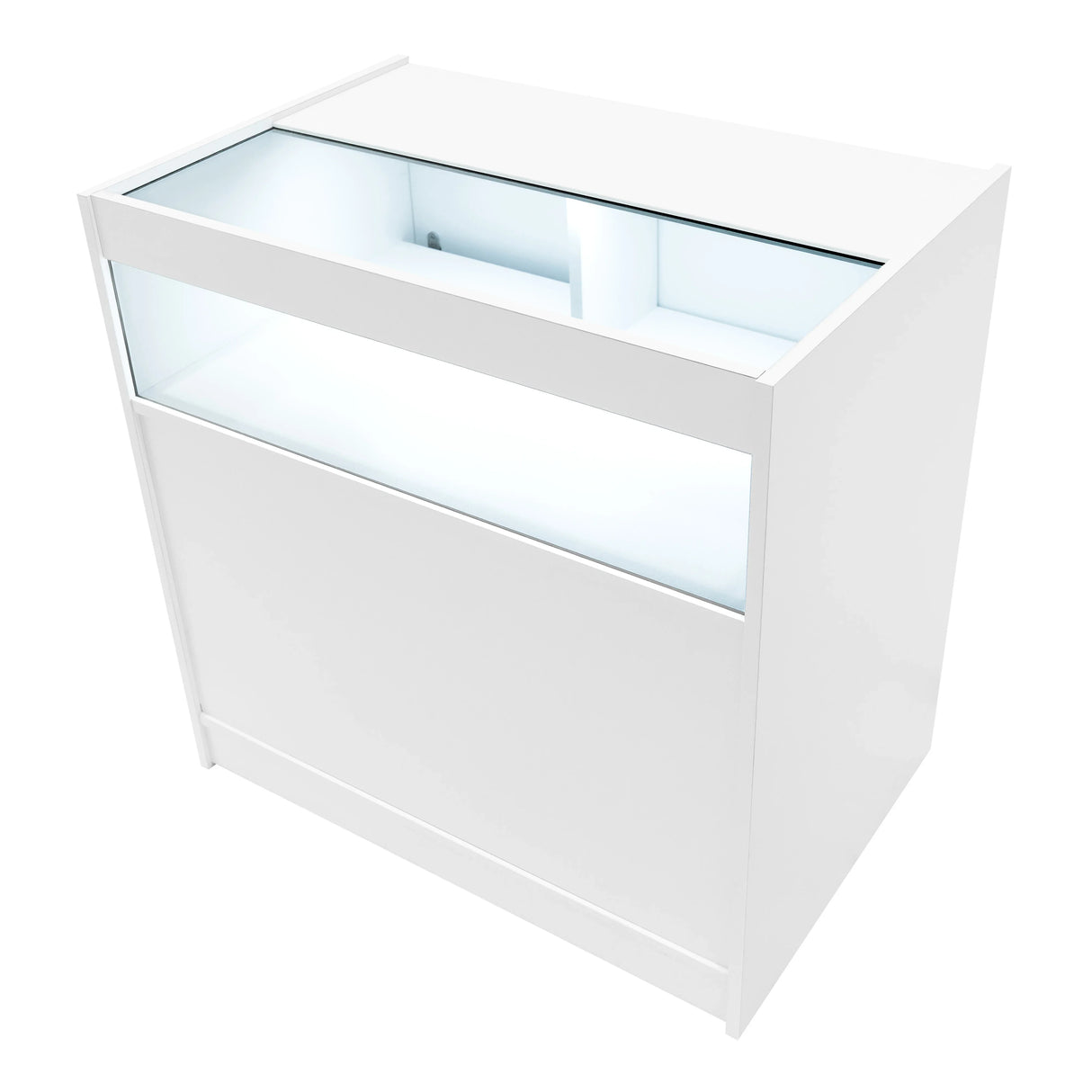 Luna LED shop counter set in white, featuring a sleek design with a glass display top and illuminated interior for showcasing products