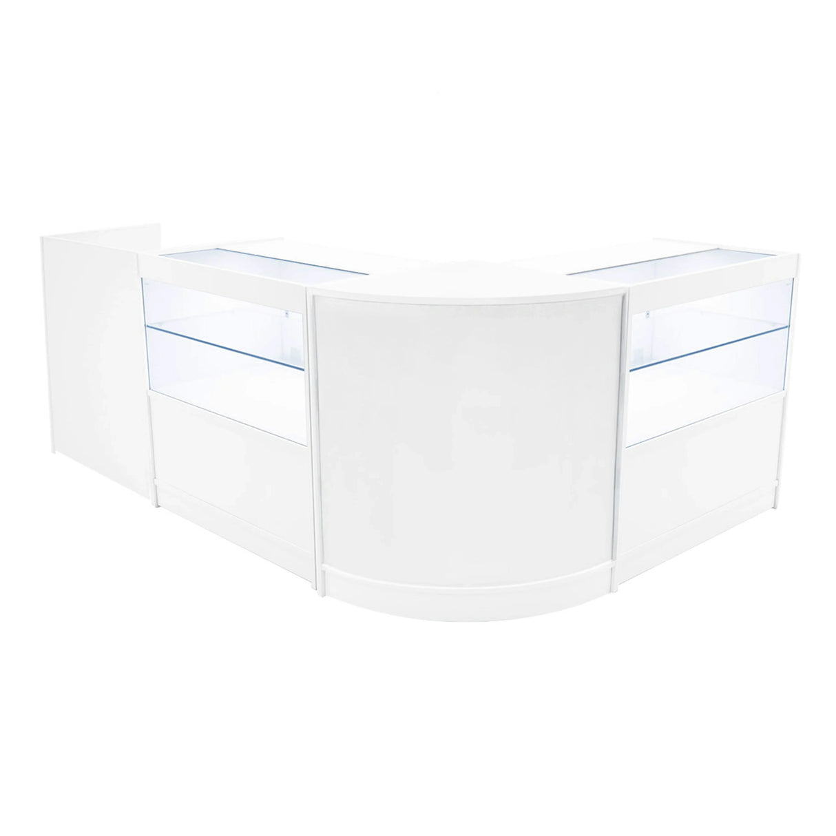 Curved white LED shop counter set featuring glass display sections, sleek design, and modern finish, ideal for retail spaces