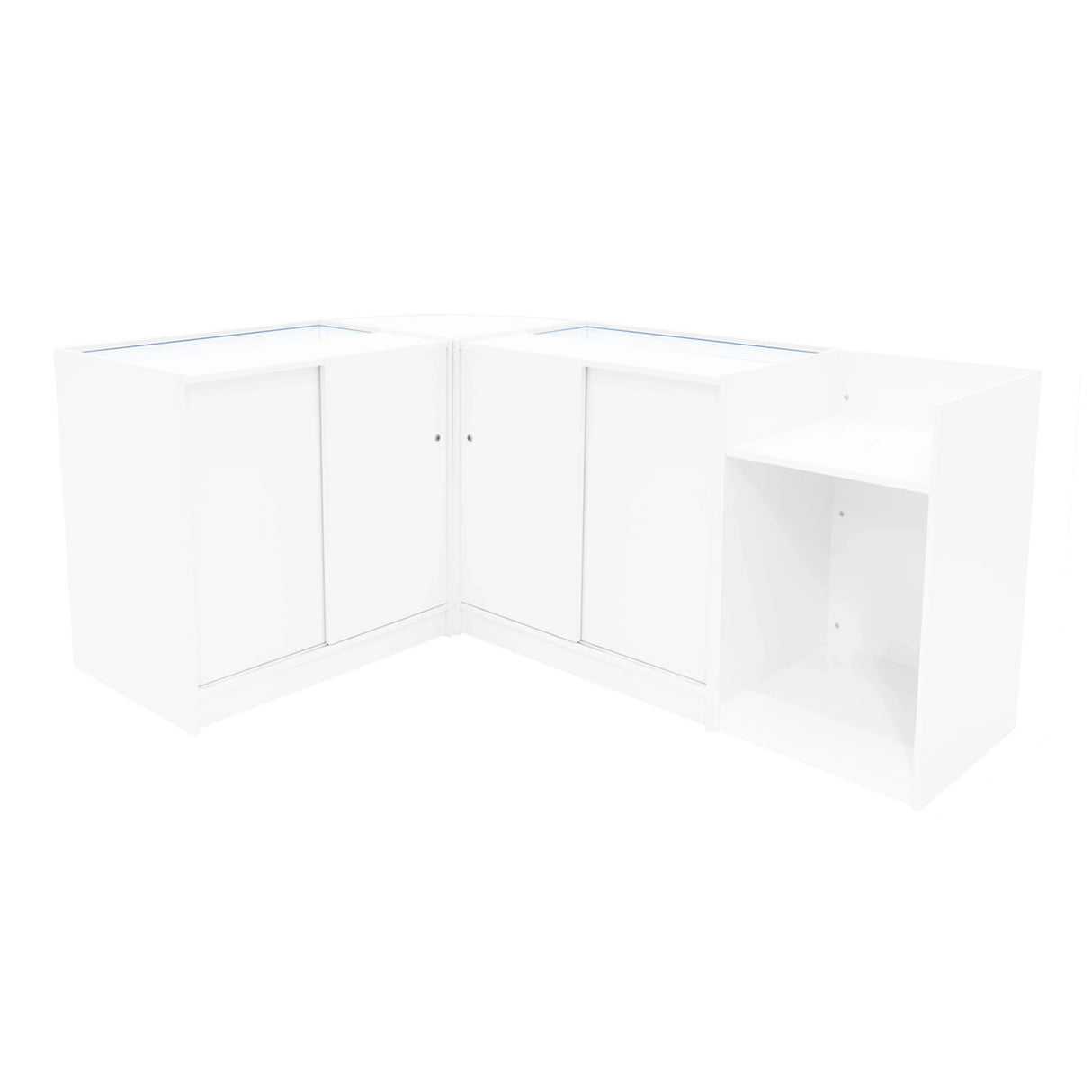 White Phoenix LED Shop Counter Set featuring sleek design with glass display tops, storage cabinets, and open shelving for versatile use