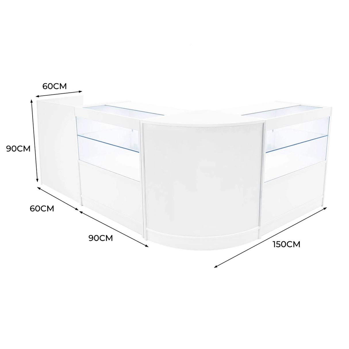 Curved white LED shop counter set with glass display sections, measuring 150cm wide, 90cm high, and 60cm deep, ideal for retail use
