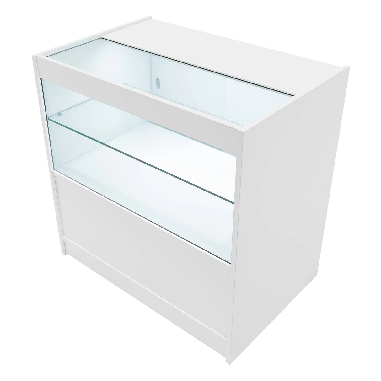 White Phoenix LED shop counter set featuring a sleek design, glass display shelves, and a spacious storage drawer for organization