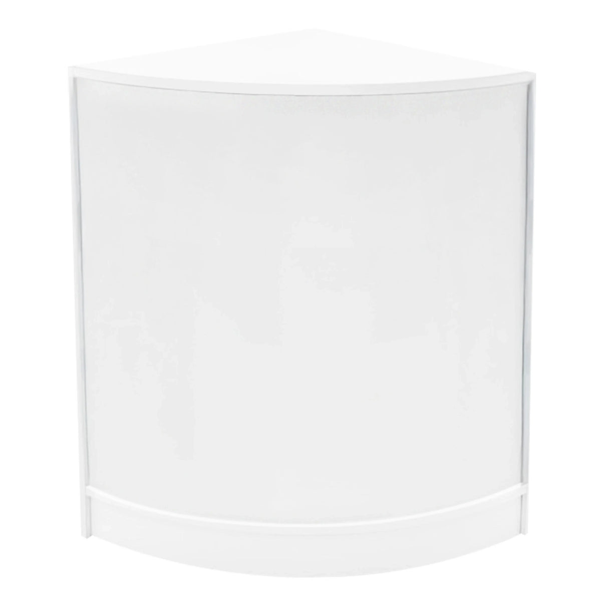 White corner LED shop counter with a smooth finish, designed for retail displays, featuring a sleek, modern shape and clean lines