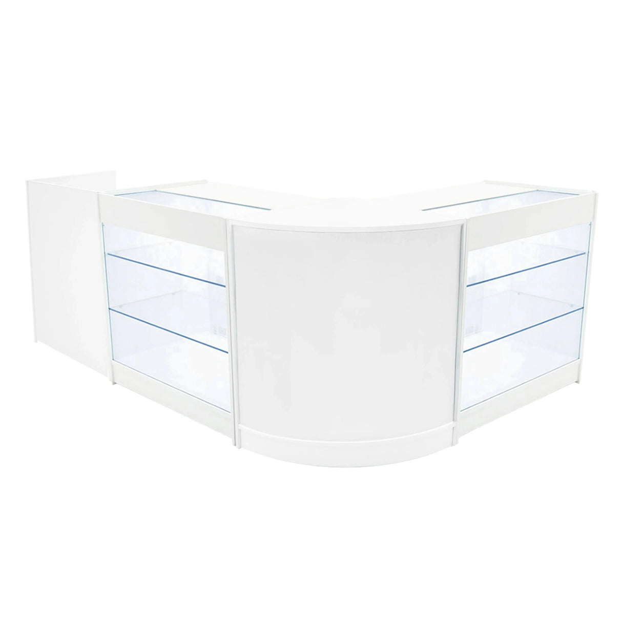 White Aries LED shop counter set featuring a sleek, modern design with glass display shelves and a curved shape, ideal for retail spaces
