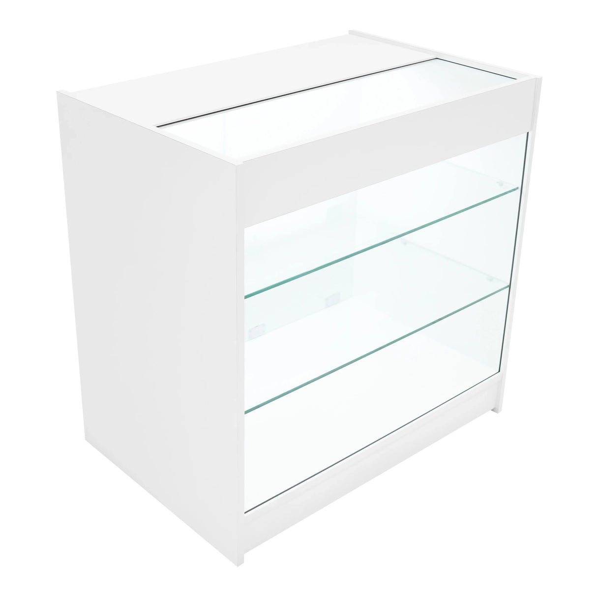 White Aries LED shop counter set featuring a sleek design with glass shelves, ideal for showcasing products in retail spaces