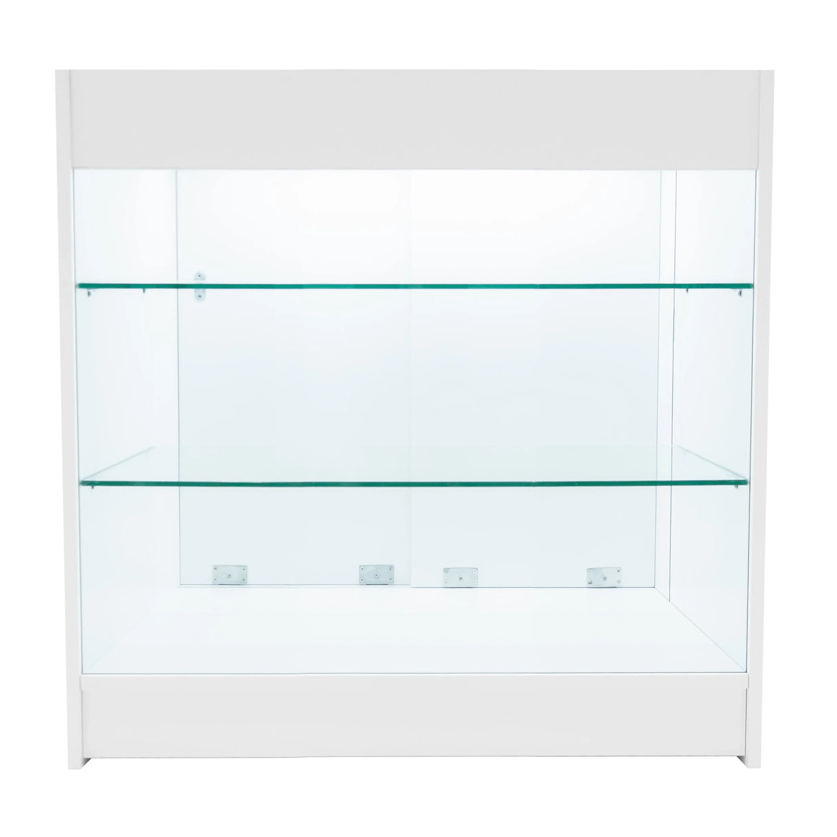 White Aries LED shop counter set featuring a sleek design with glass shelves, ideal for showcasing products in retail spaces