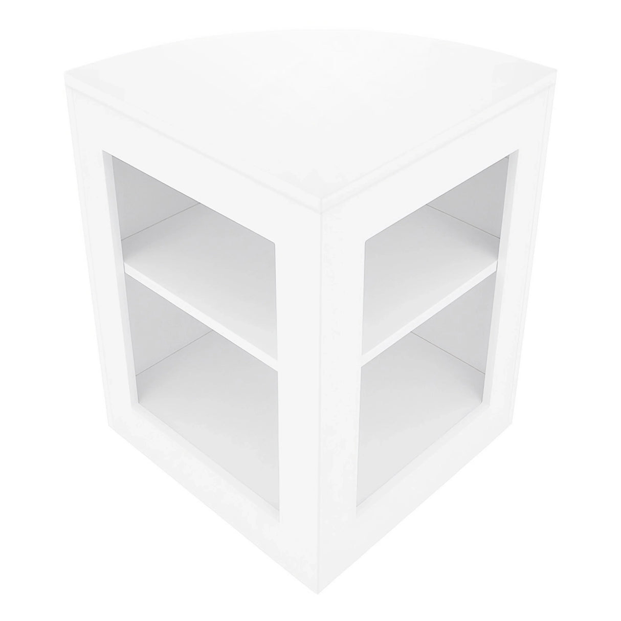 White Aries LED shop counter set featuring a sleek, modern design with two open shelves for display and storage