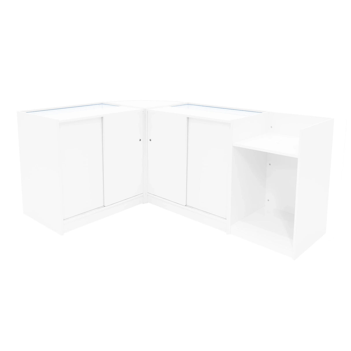 White Gravity LED Shop Counter Set featuring sleek design, smooth surfaces, and ample storage with cabinets and open shelving