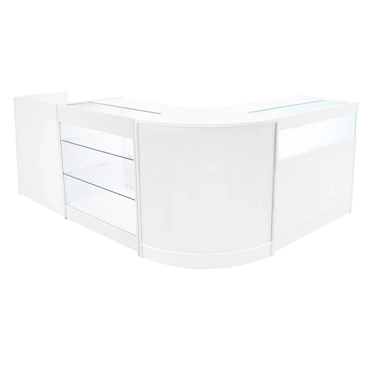 Polaris LED Shop Counter Set in white, featuring sleek curved design, glass display shelves, and modern LED lighting for retail use