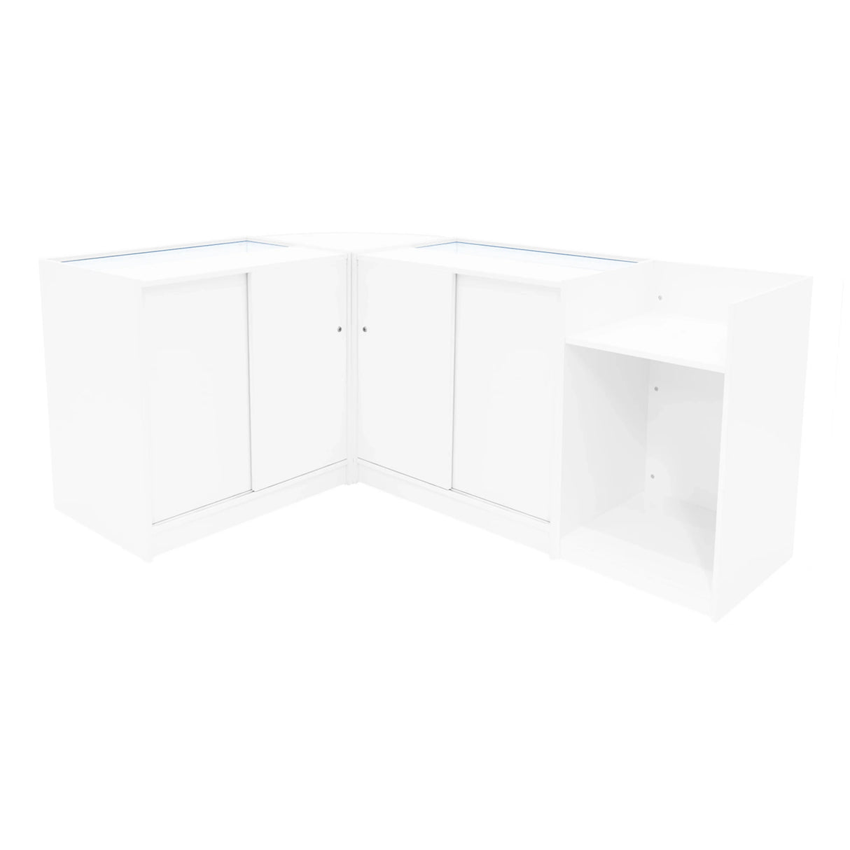 Polaris LED Shop Counter Set in white features sleek, modern design with glass display tops and ample storage space for retail use