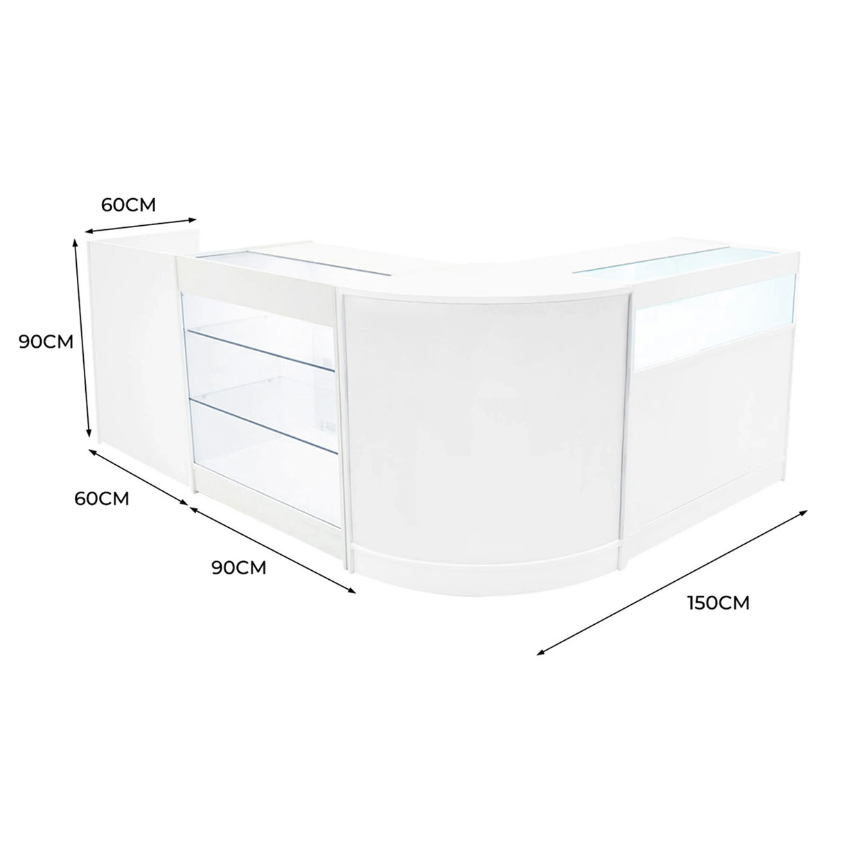 Polaris LED Shop Counter Set in white, featuring a curved design, glass display shelves, and dimensions of 150cm x 90cm x 90cm