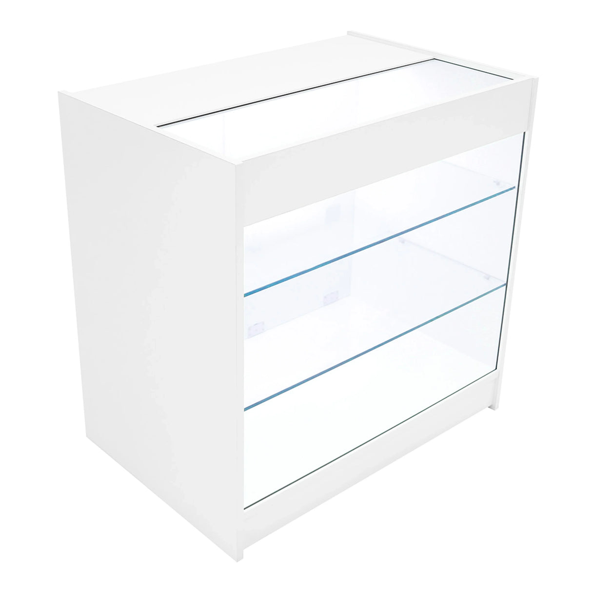 Polaris LED Shop Counter Set in white with glass shelves, sleek design, and modern finish, ideal for retail display and organization