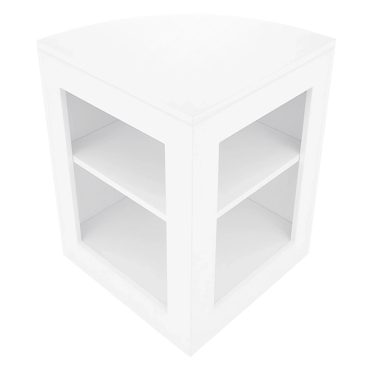 Polaris LED Shop Counter Set in white, featuring a modern corner design with two open shelves for storage and display