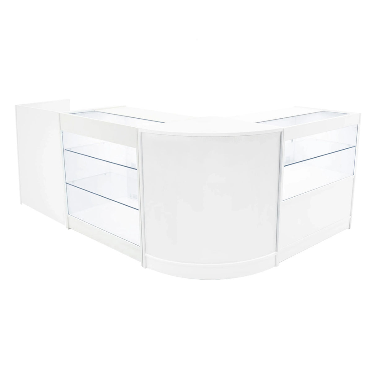 Vega LED Shop Counter Set in white, featuring sleek curved design, glass display sections, and modern finish for retail spaces
