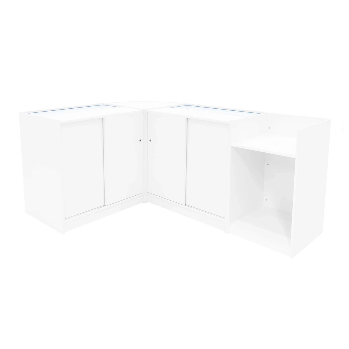Vega LED Shop Counter Set in sleek white finish, featuring a modern corner design with glass display tops and storage cabinets