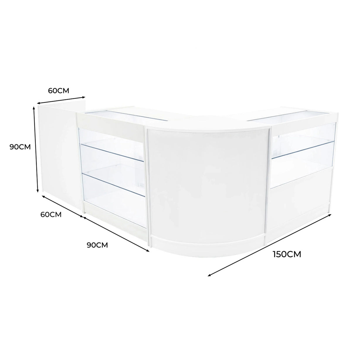 Vega LED Shop Counter Set in white, featuring sleek curved design, glass display shelves, and dimensions of 150cm x 90cm x 90cm