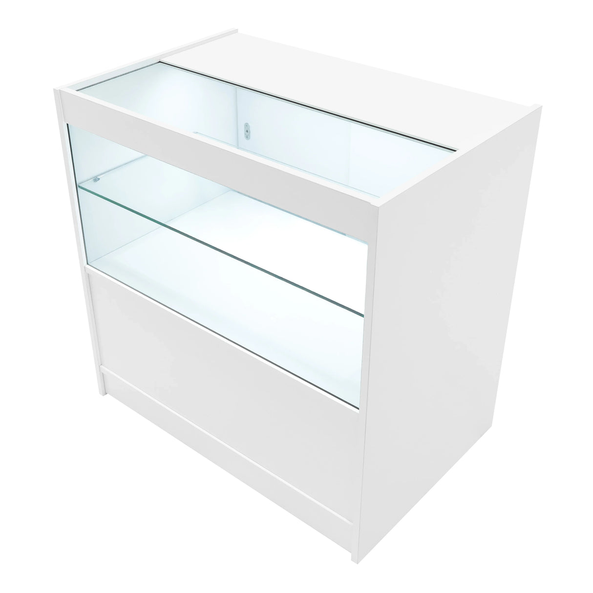 Vega LED shop counter set in sleek white, featuring a glass display top and shelves, perfect for showcasing products in retail spaces