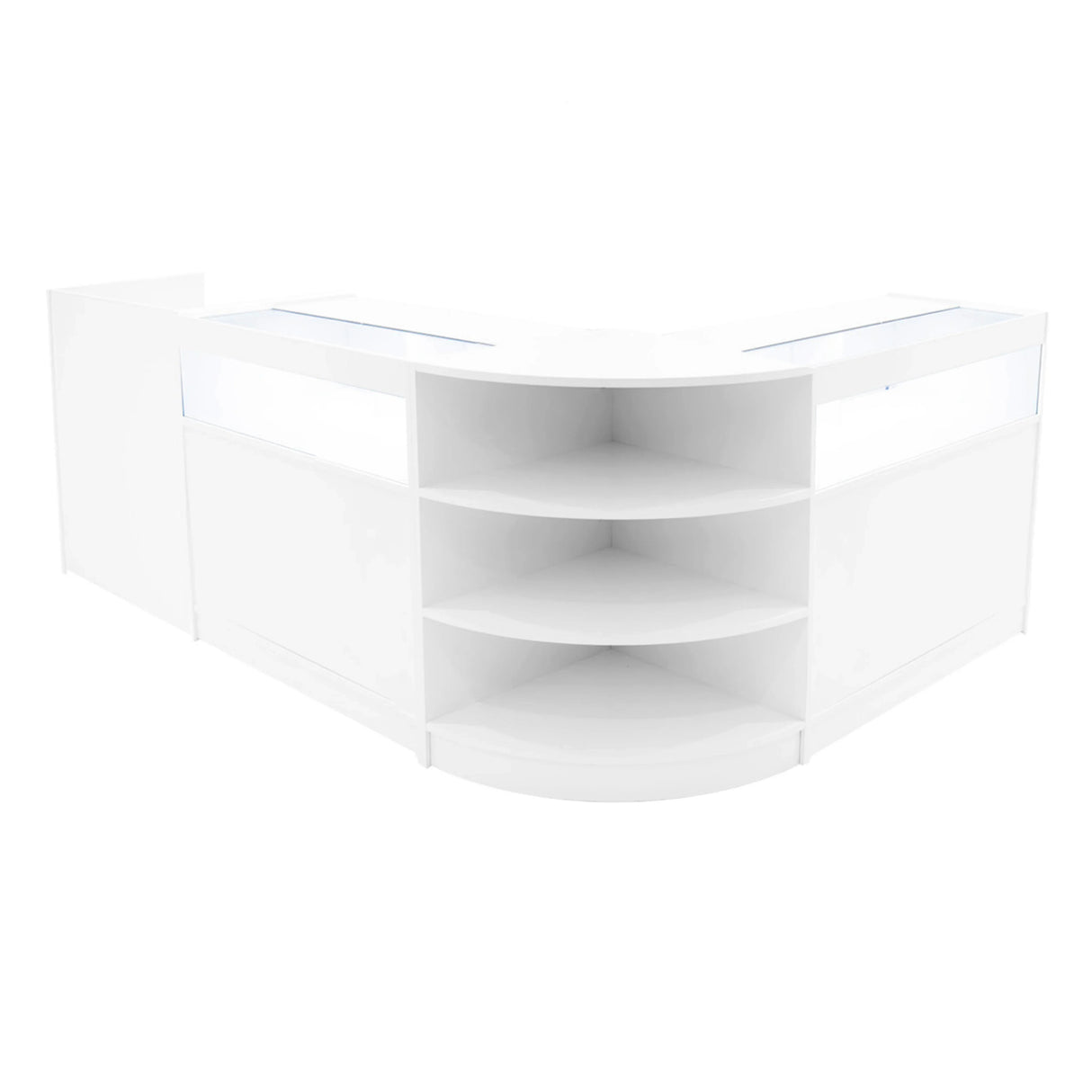 Curved white LED shop counter set featuring sleek glass displays and open shelving for organized product presentation