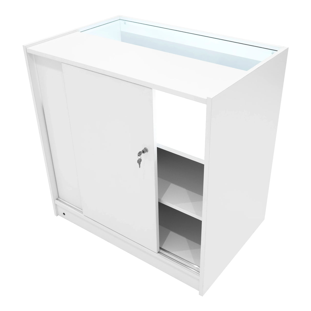 Sagittarius LED Shop Counter Set in white, featuring a sleek design with sliding doors, glass top, and internal shelving for storage