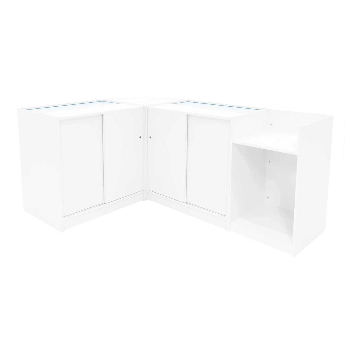 Sagittarius LED Shop Counter Set in white, featuring sleek design with two cabinets and an open shelf, ideal for retail spaces