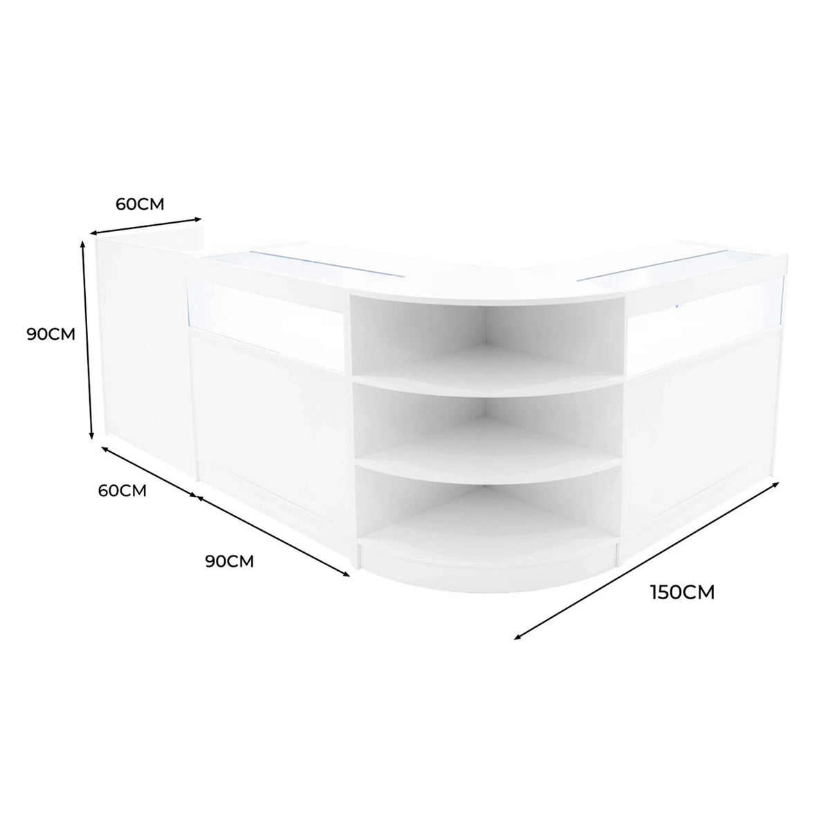 Curved white LED shop counter set with shelves, measuring 150cm wide, 90cm high, and 60cm deep, ideal for retail displays