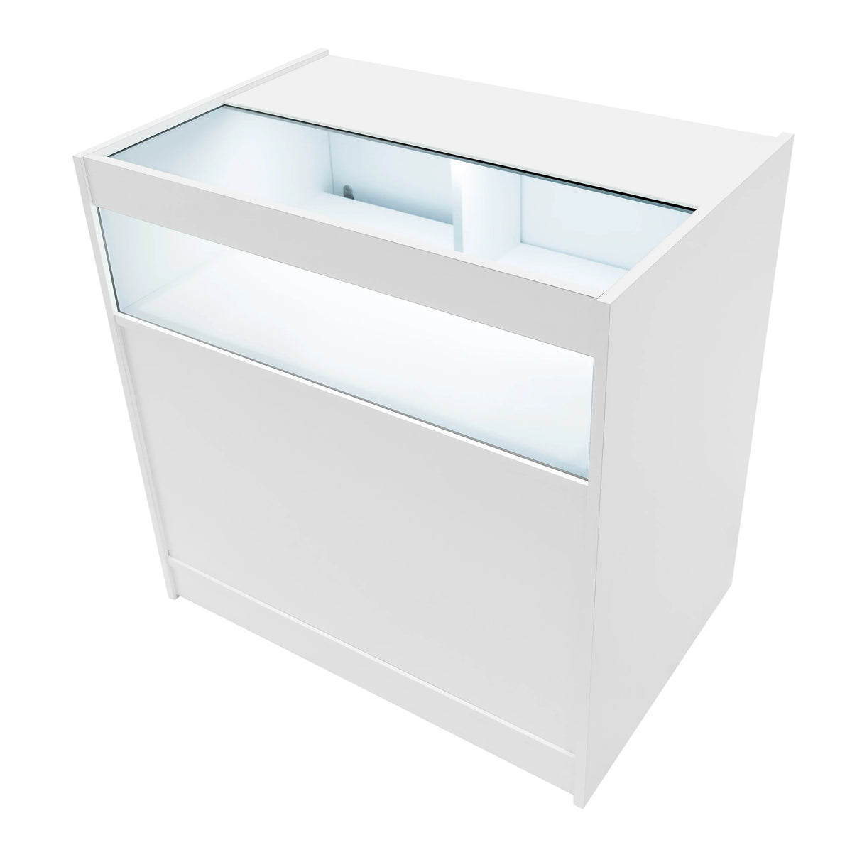 White Sagittarius LED shop counter set featuring a sleek design, glass display top, and illuminated interior for showcasing products