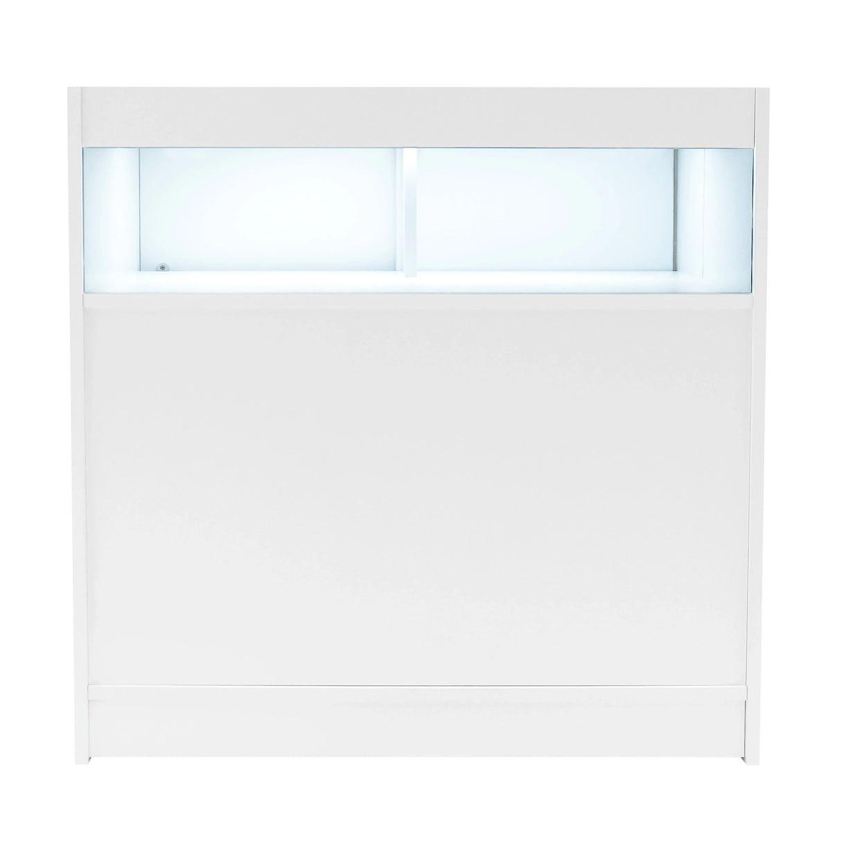 Sagittarius LED shop counter set in sleek white, featuring a smooth surface, illuminated display area, and modern design elements