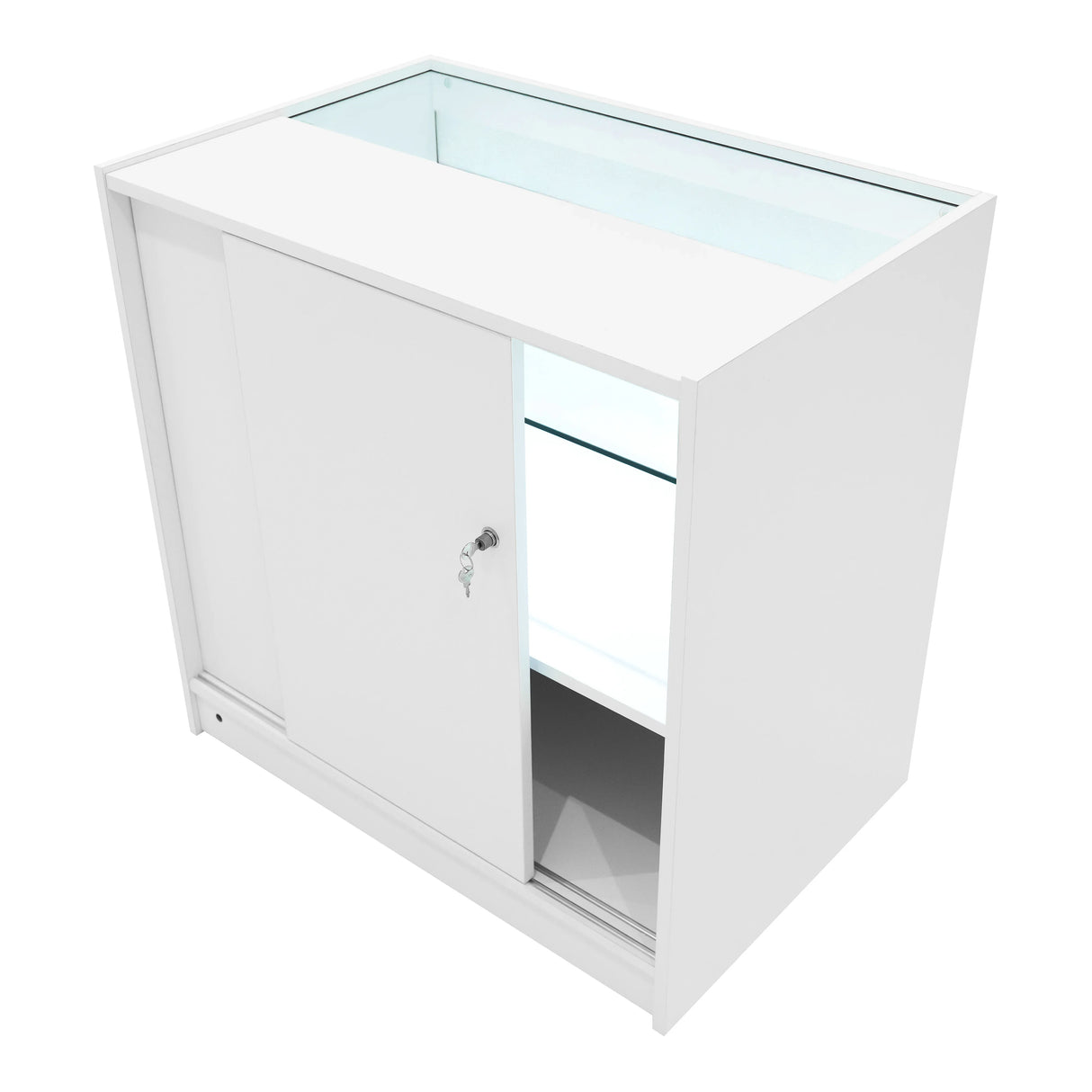 Eclipse LED shop counter set in white with sliding door, glass display shelves, and modern design for retail spaces