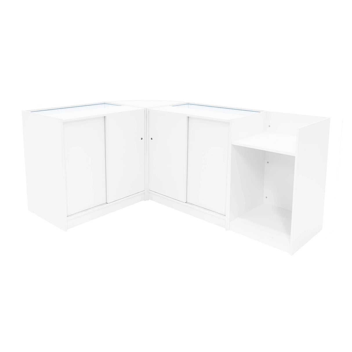 Eclipse LED Shop Counter Set in white, featuring sleek design with two cabinets, open shelf, and glass display tops for visibility