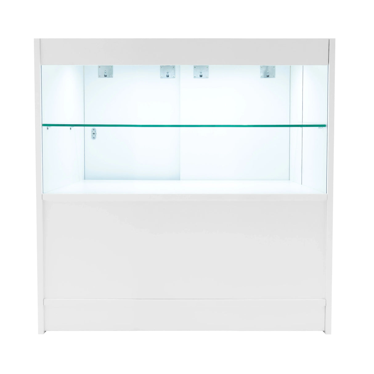 Eclipse LED Shop Counter Set in white with glass shelves, featuring a sleek design and bright interior lighting for display purposes