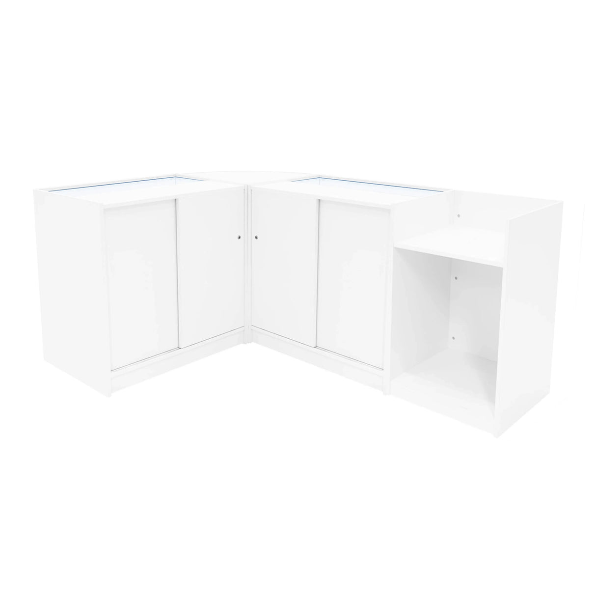 Astro LED Shop Counter Set in sleek white, featuring smooth surfaces, modern design, and ample storage with cabinets and open shelving