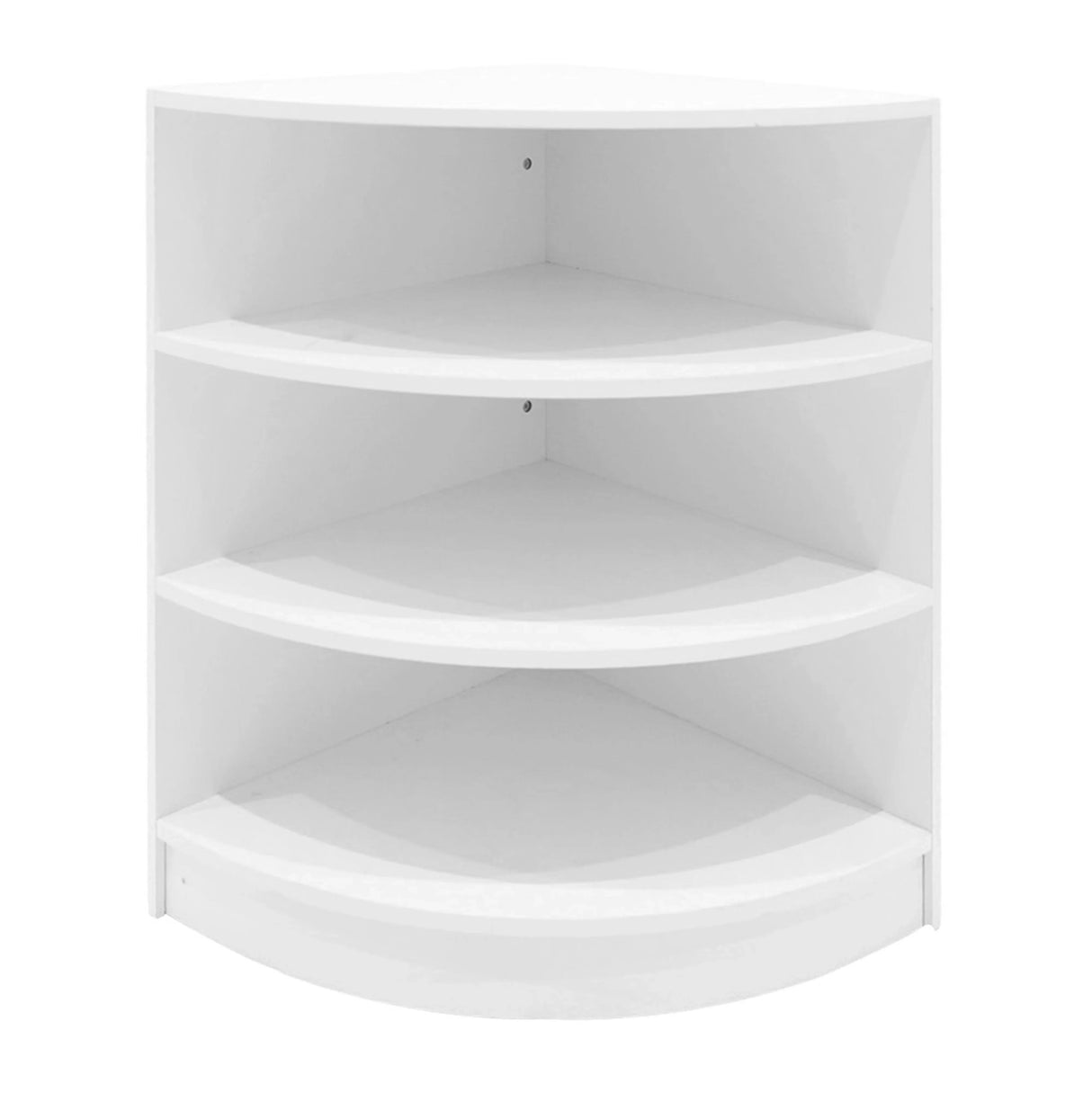 White corner display shelf with four spacious, curved shelves, ideal for showcasing products in retail or home settings
