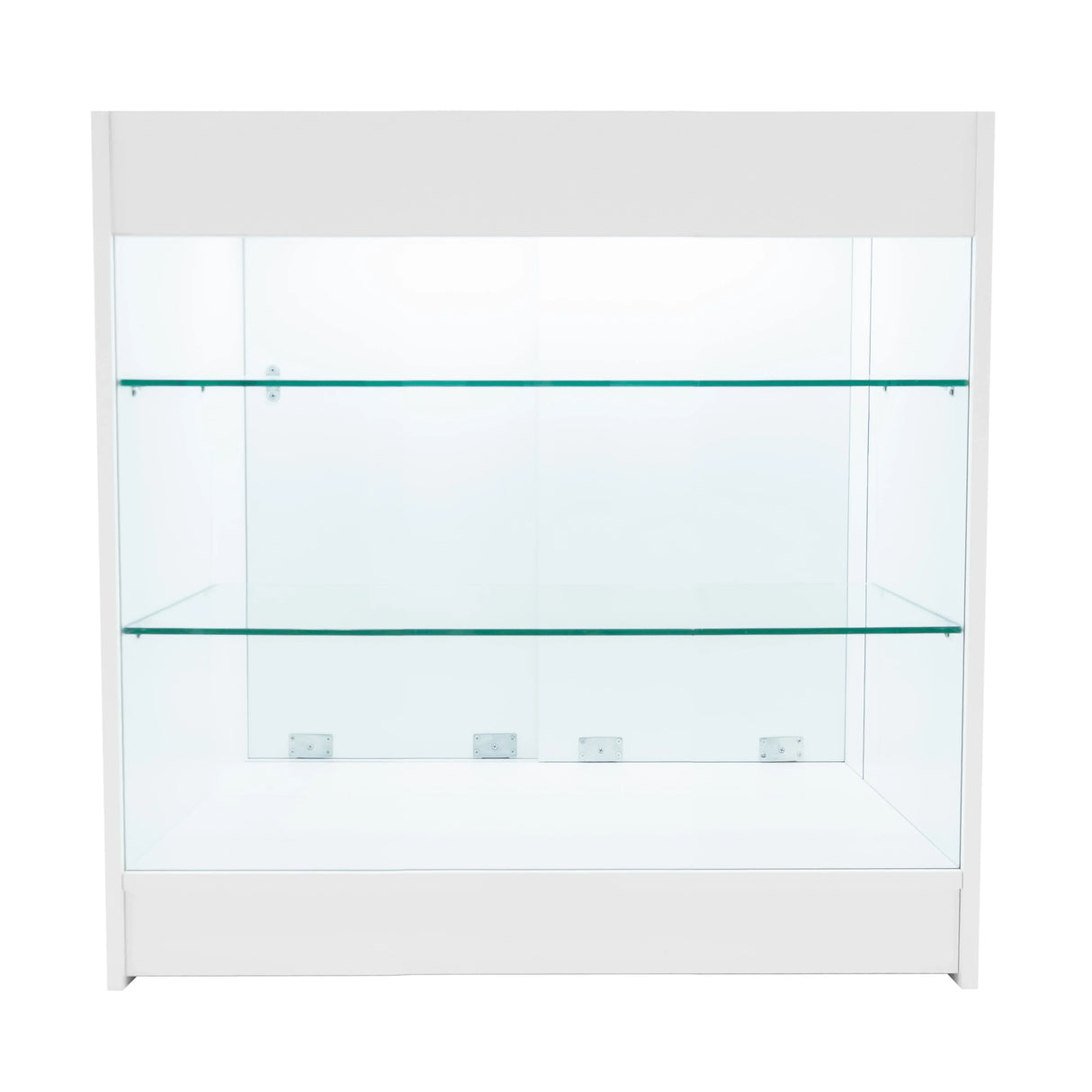 Astro LED Shop Counter Set in white, featuring sleek glass shelves and a modern design, ideal for showcasing products in retail spaces
