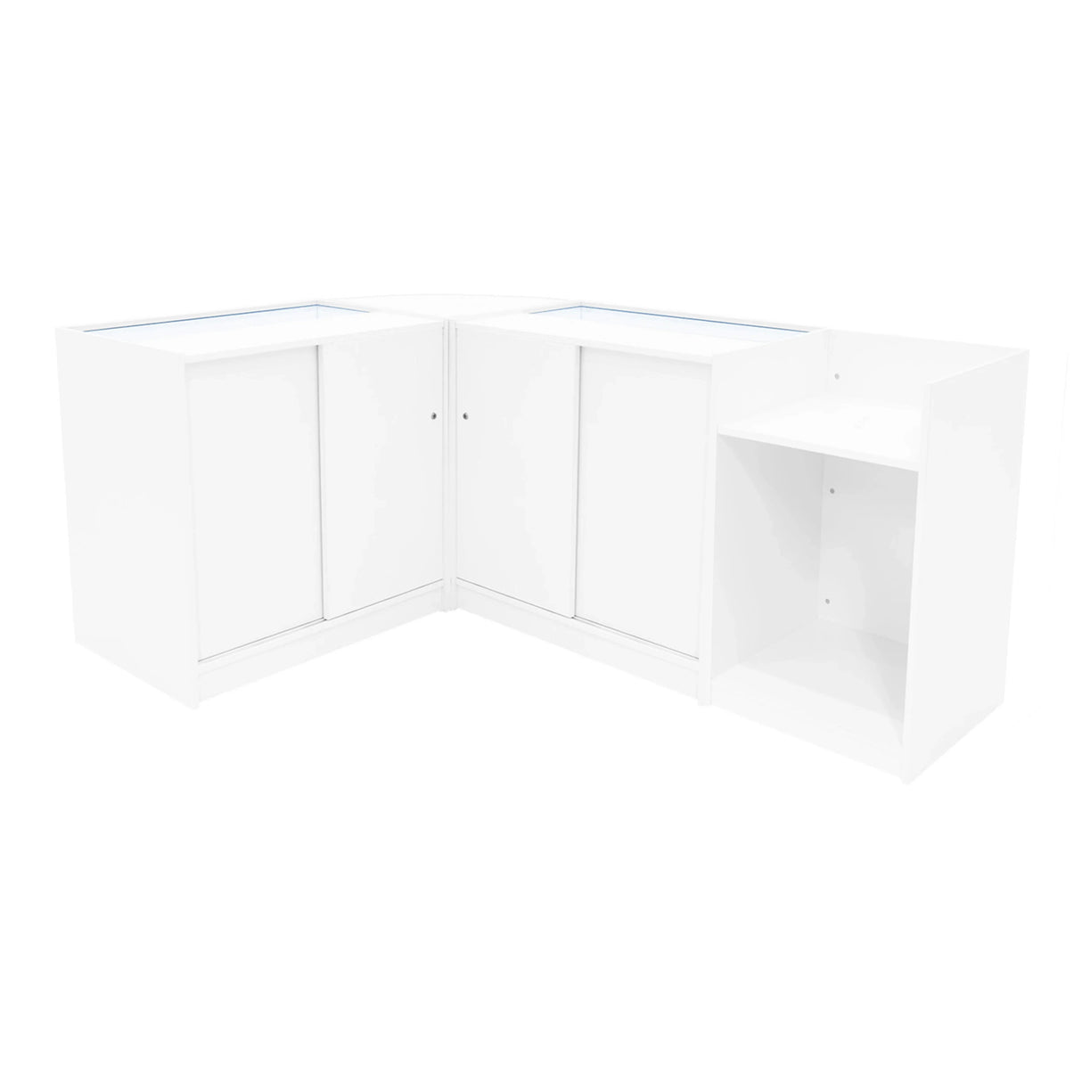 Europa LED Shop Counter Set in white, featuring sleek design, glass display tops, and ample storage with smooth surfaces and modern aesthetics