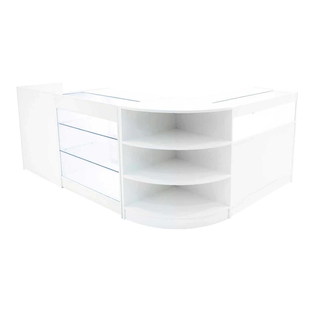 Curved white LED shop counter set featuring glass display shelves and sleek modern design, ideal for retail environments