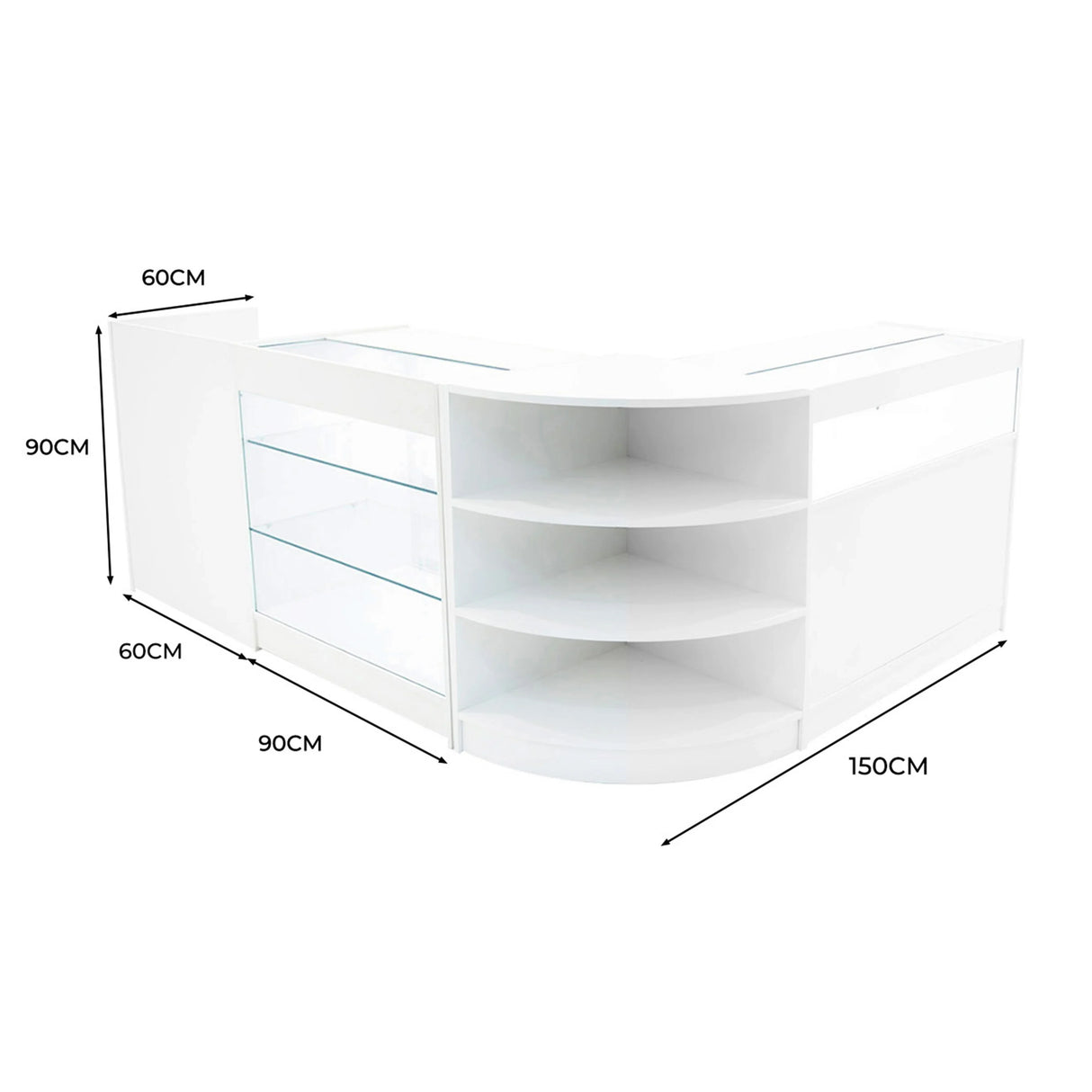 Curved white LED shop counter set with glass shelves, measuring 150cm wide, 90cm deep, and 90cm high, ideal for displays