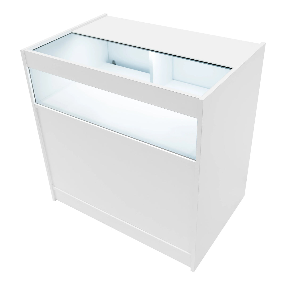 White Hyperion LED shop counter set featuring a sleek design, glass display top, and illuminated interior for showcasing products