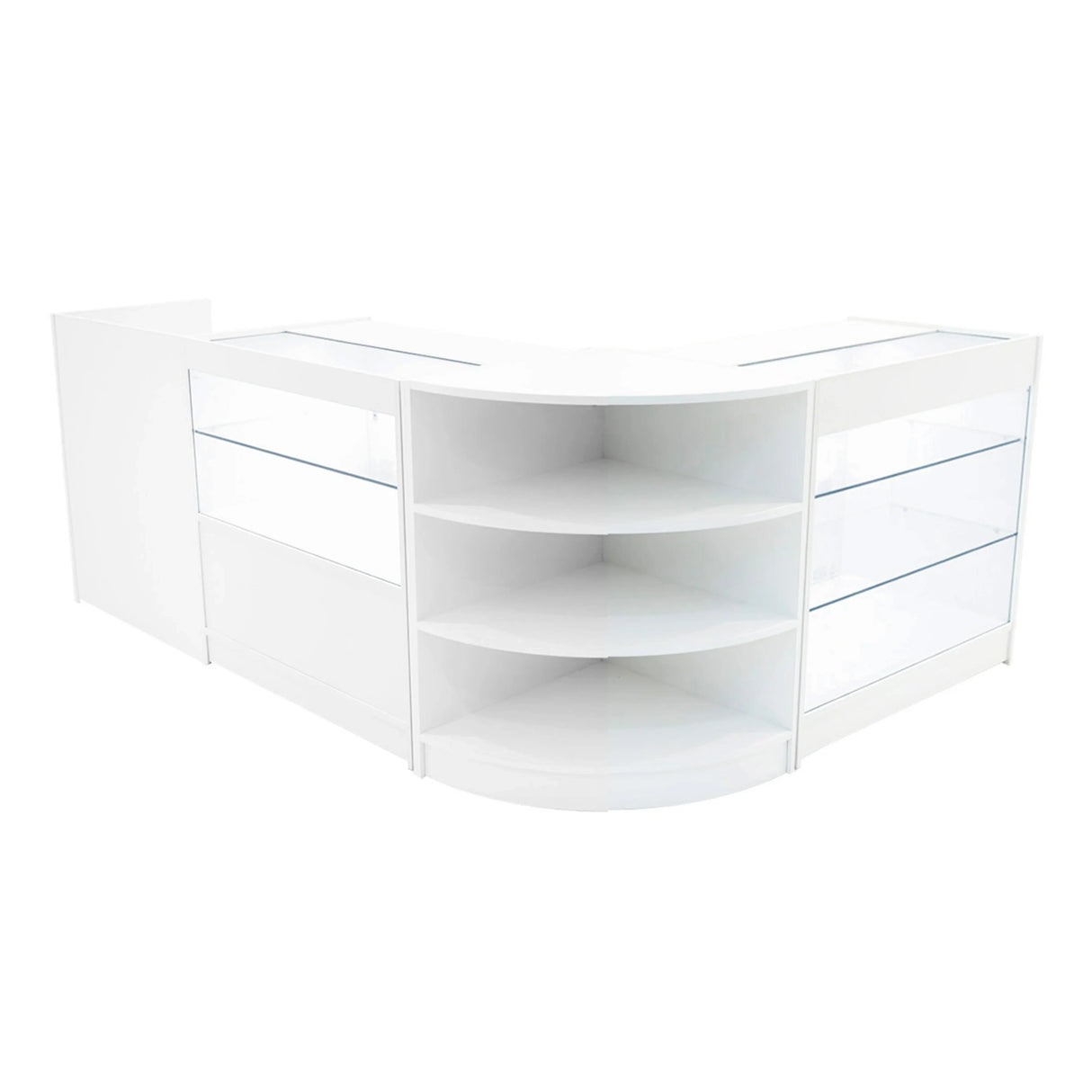 Curved white LED shop counter set featuring glass display shelves, sleek design, and modern finish, ideal for retail spaces