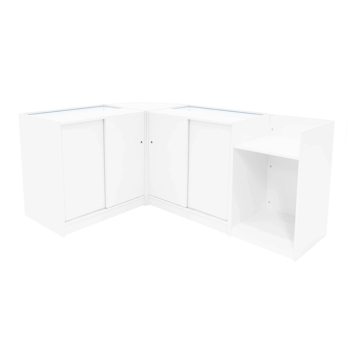 Theia LED Shop Counter Set in white features sleek, modern design with glass display tops and ample storage space in a corner layout
