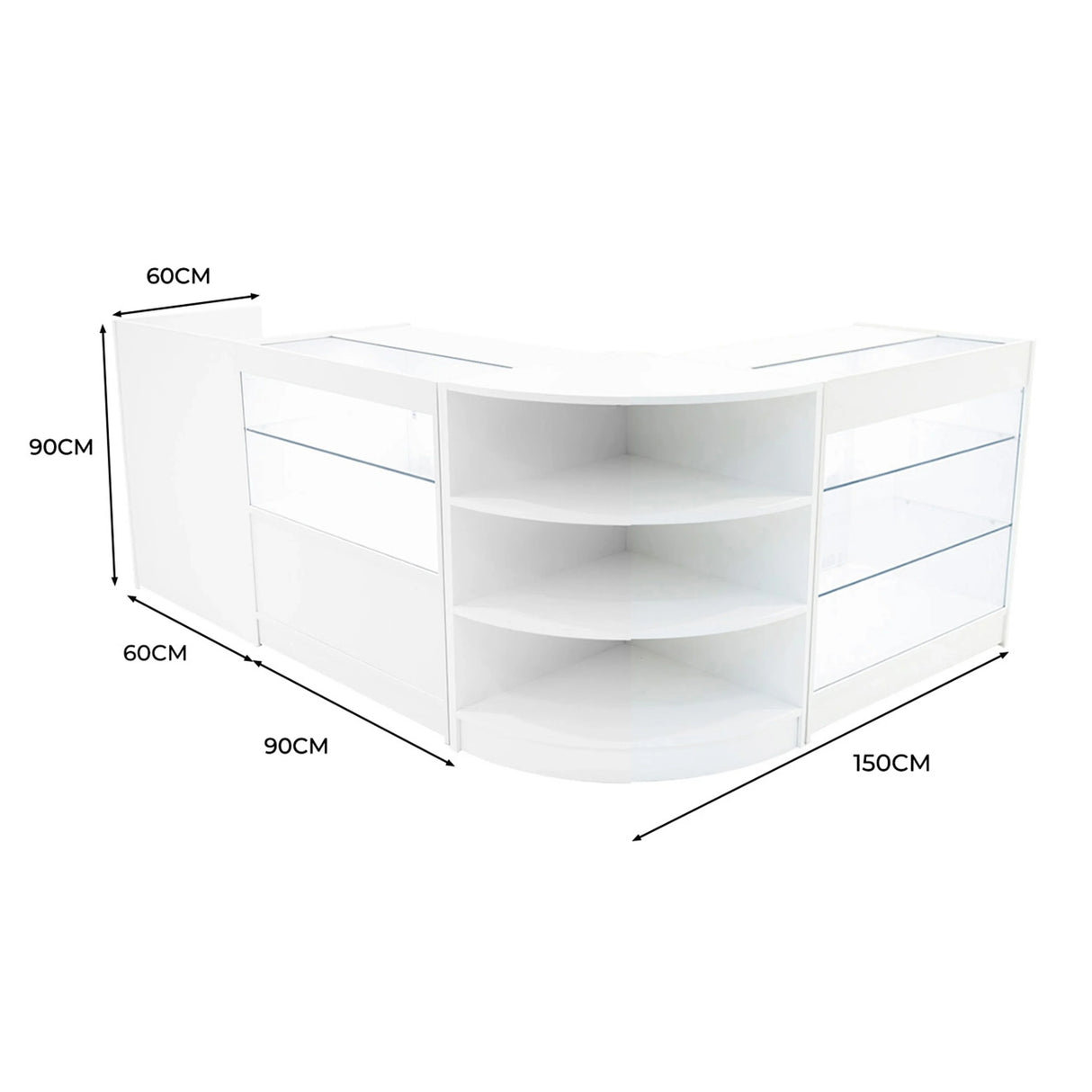 Curved white LED shop counter set featuring glass shelves, sleek design, and dimensions of 150cm x 90cm x 60cm for retail spaces