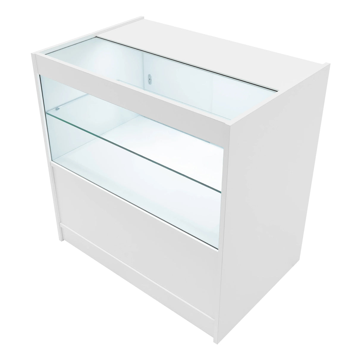 Theia LED Shop Counter Set in white, featuring a sleek design, glass display shelves, and a smooth finish for modern retail spaces