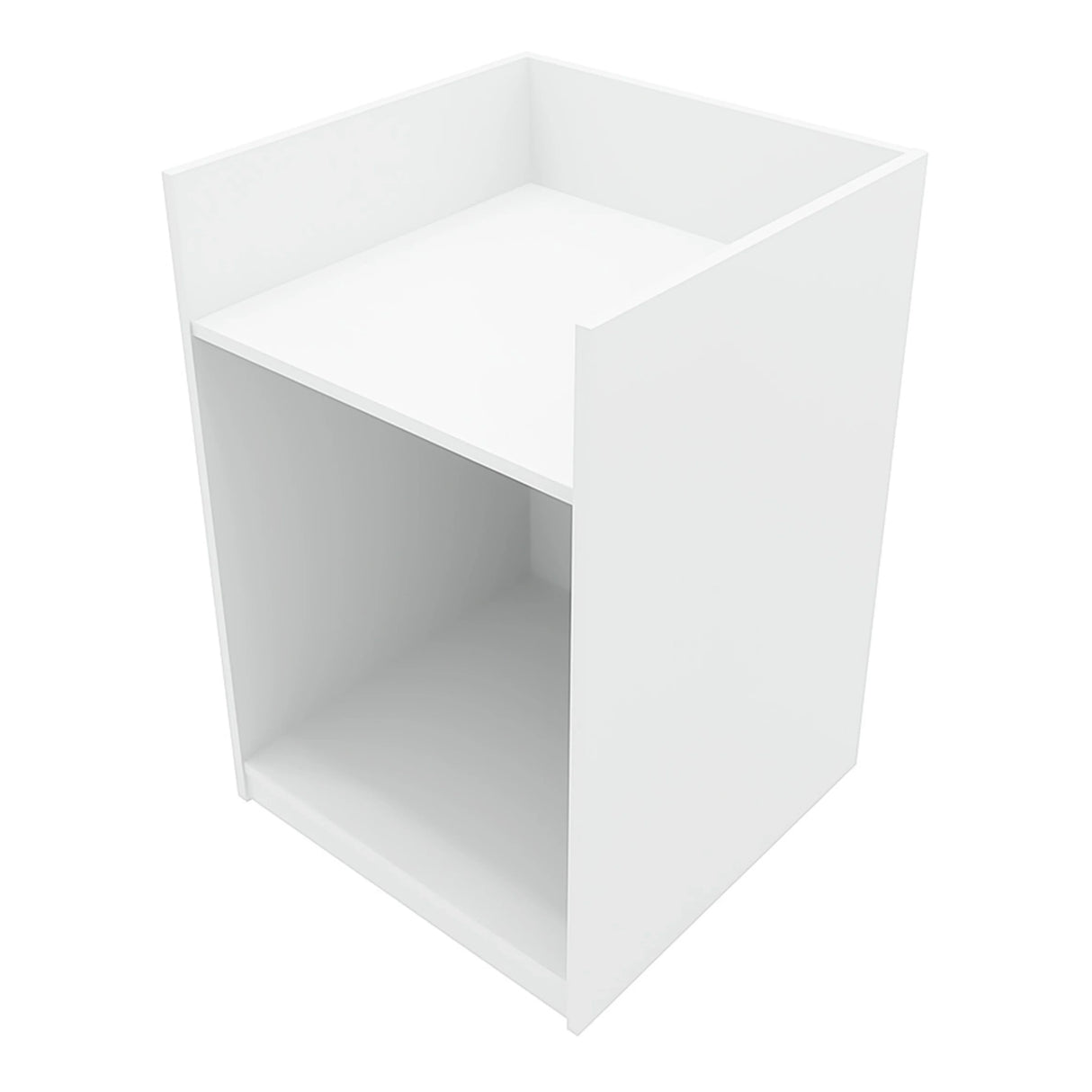Theia LED Shop Counter Set in white, featuring a sleek, modern design with an open shelf and smooth, matte finish