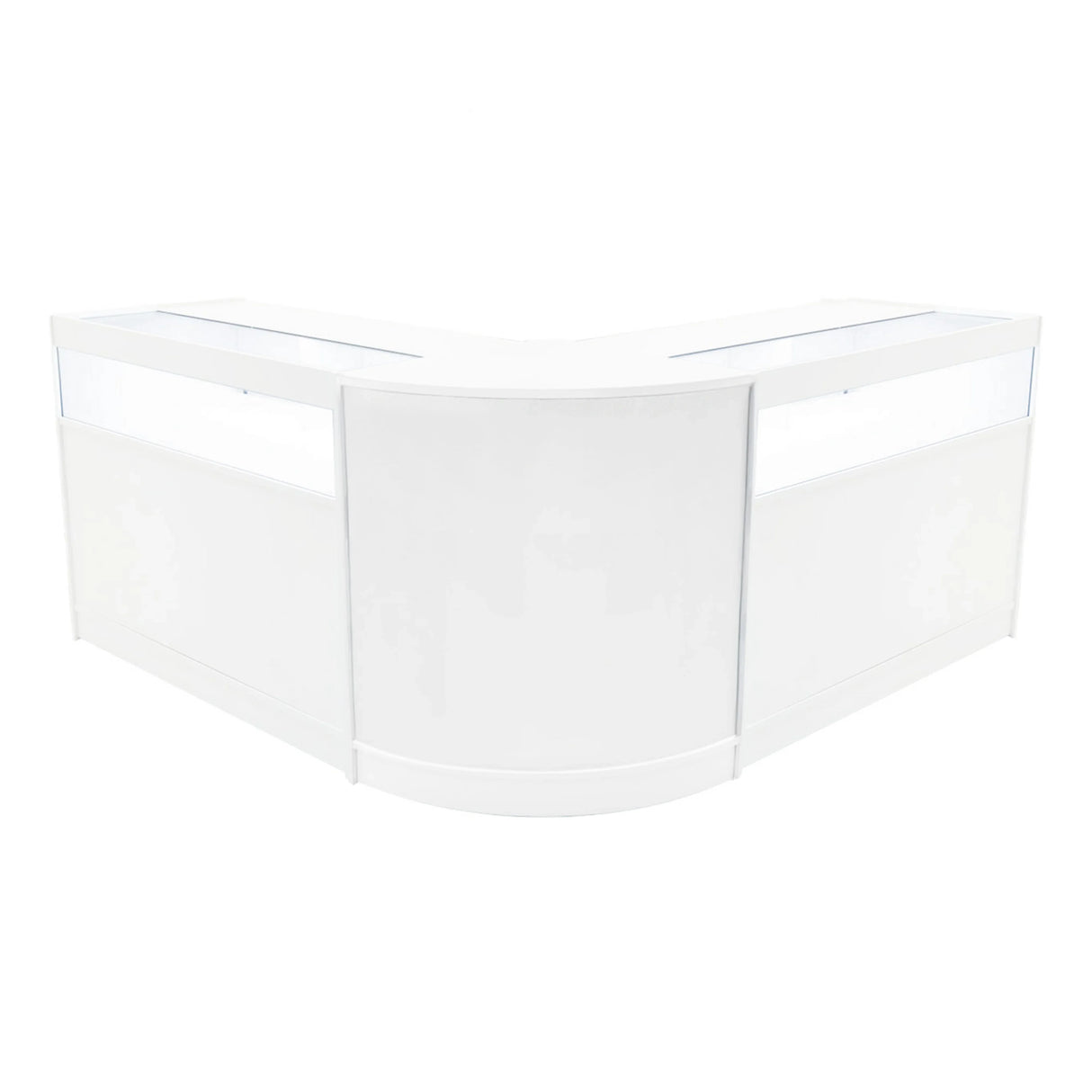 Curved white Iris LED shop counter set with two display sections, featuring sleek surfaces and illuminated showcases for products