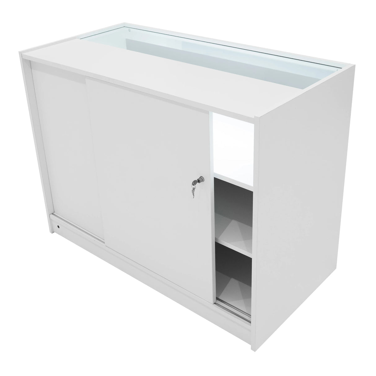 White Iris LED shop counter set with sliding doors, glass top, and internal shelves for organized display and storage