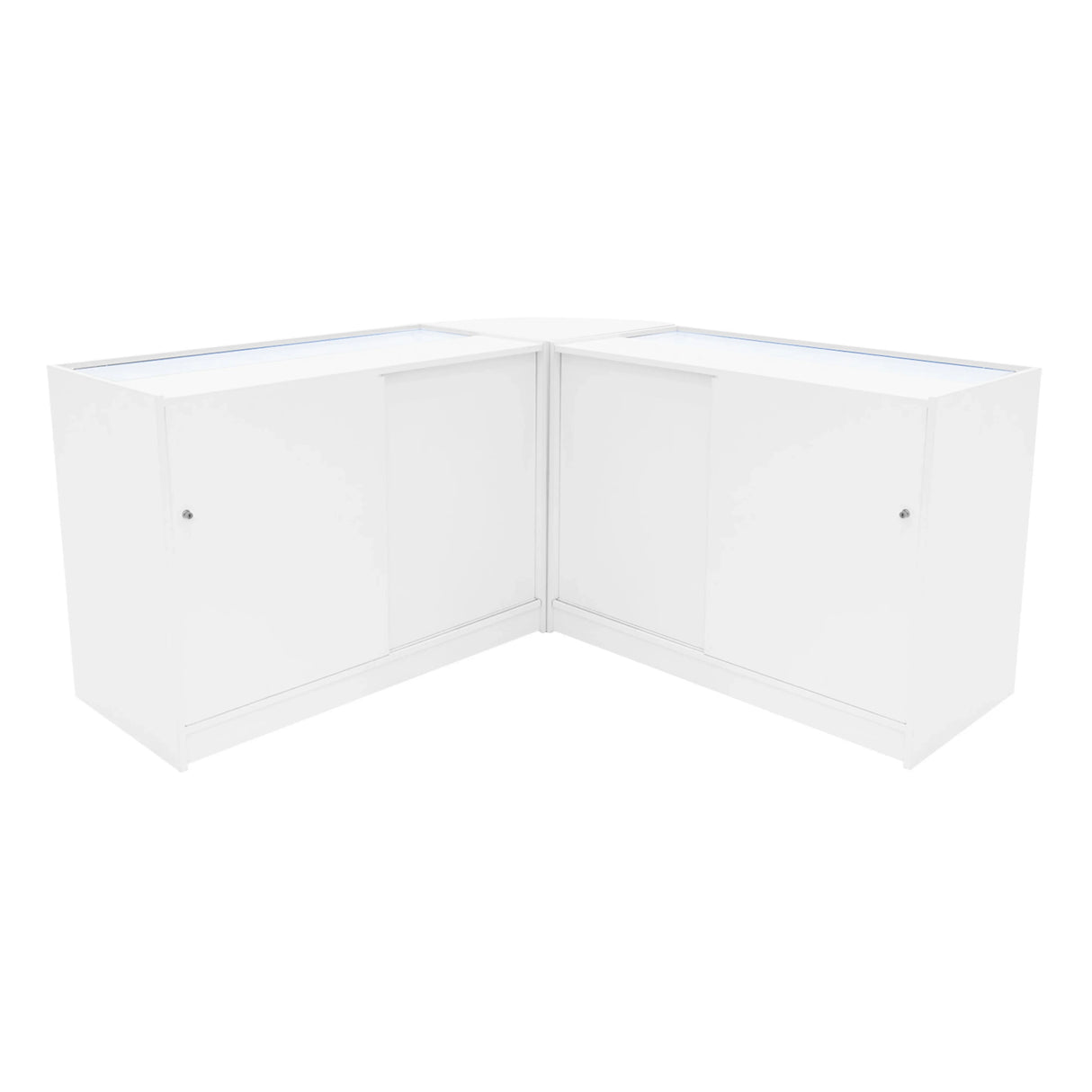 White Iris LED shop counter set featuring a sleek, modern design with two B1200 display units and a corner configuration