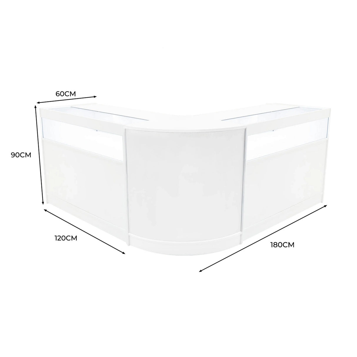 Curved white Iris LED shop counter set with two matching display units, featuring sleek lines and a modern design, ideal for retail spaces