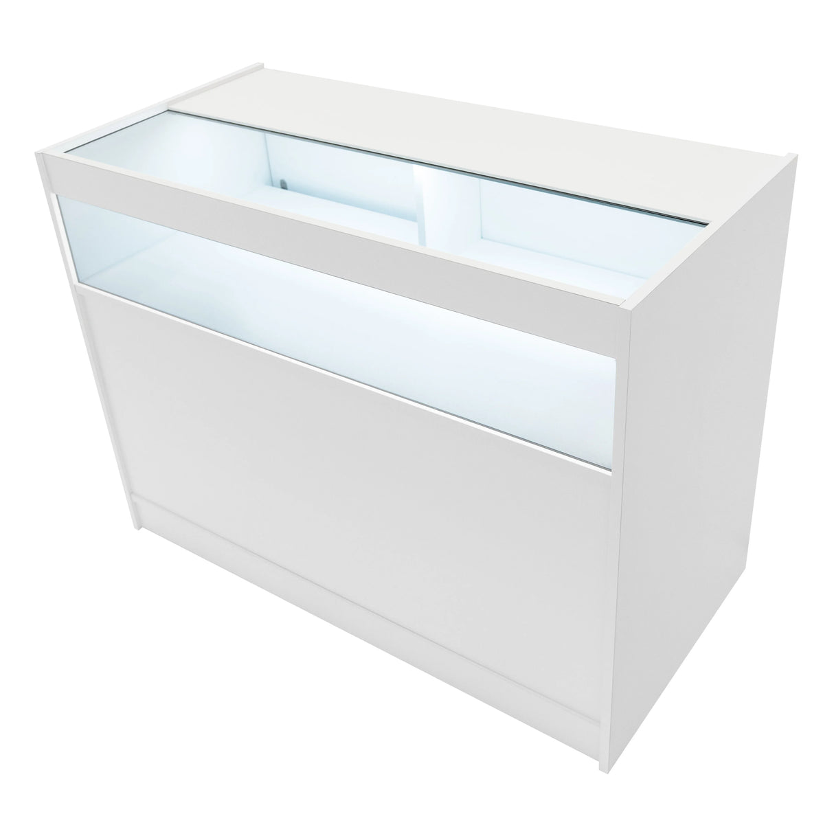 White Iris LED shop counter set featuring a sleek design, glass display top, and illuminated interior for showcasing products