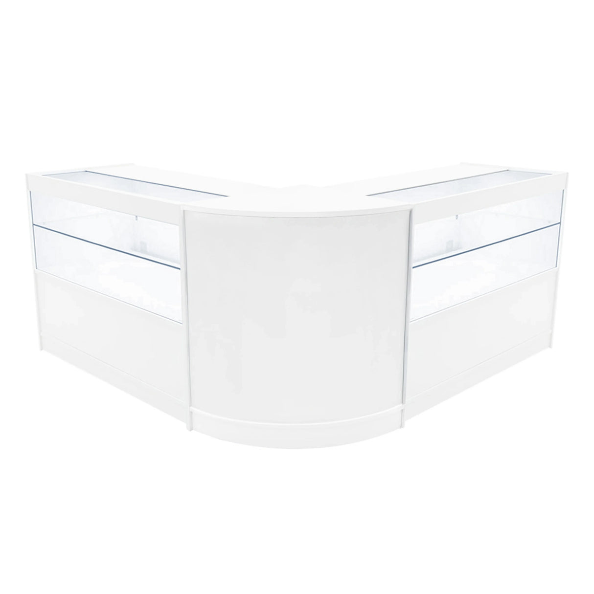 White Selene LED shop counter set with two display cases, featuring a sleek, modern design and glass panels for visibility