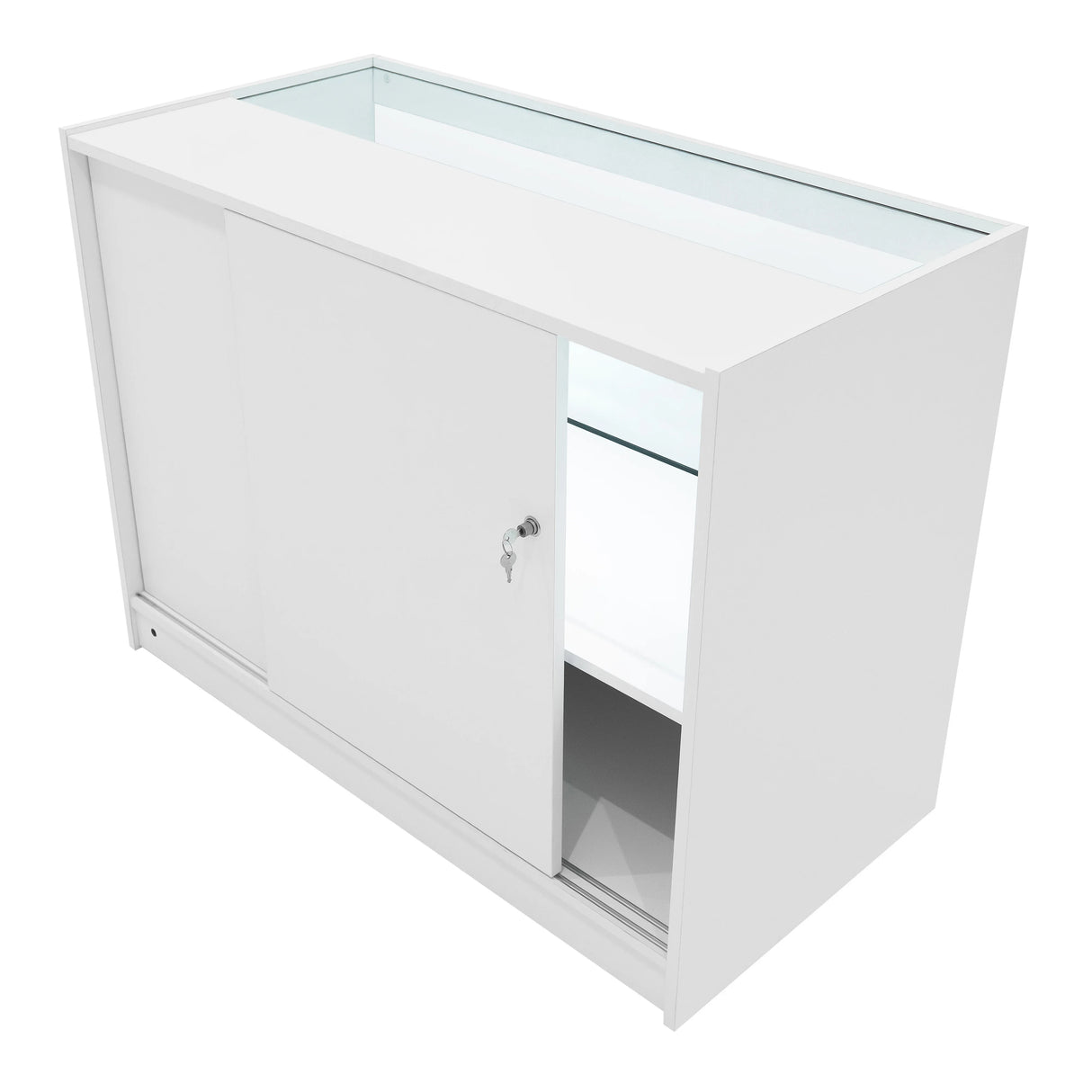 White Selene LED shop counter set with sliding doors, glass display top, and sleek modern design, ideal for retail environments