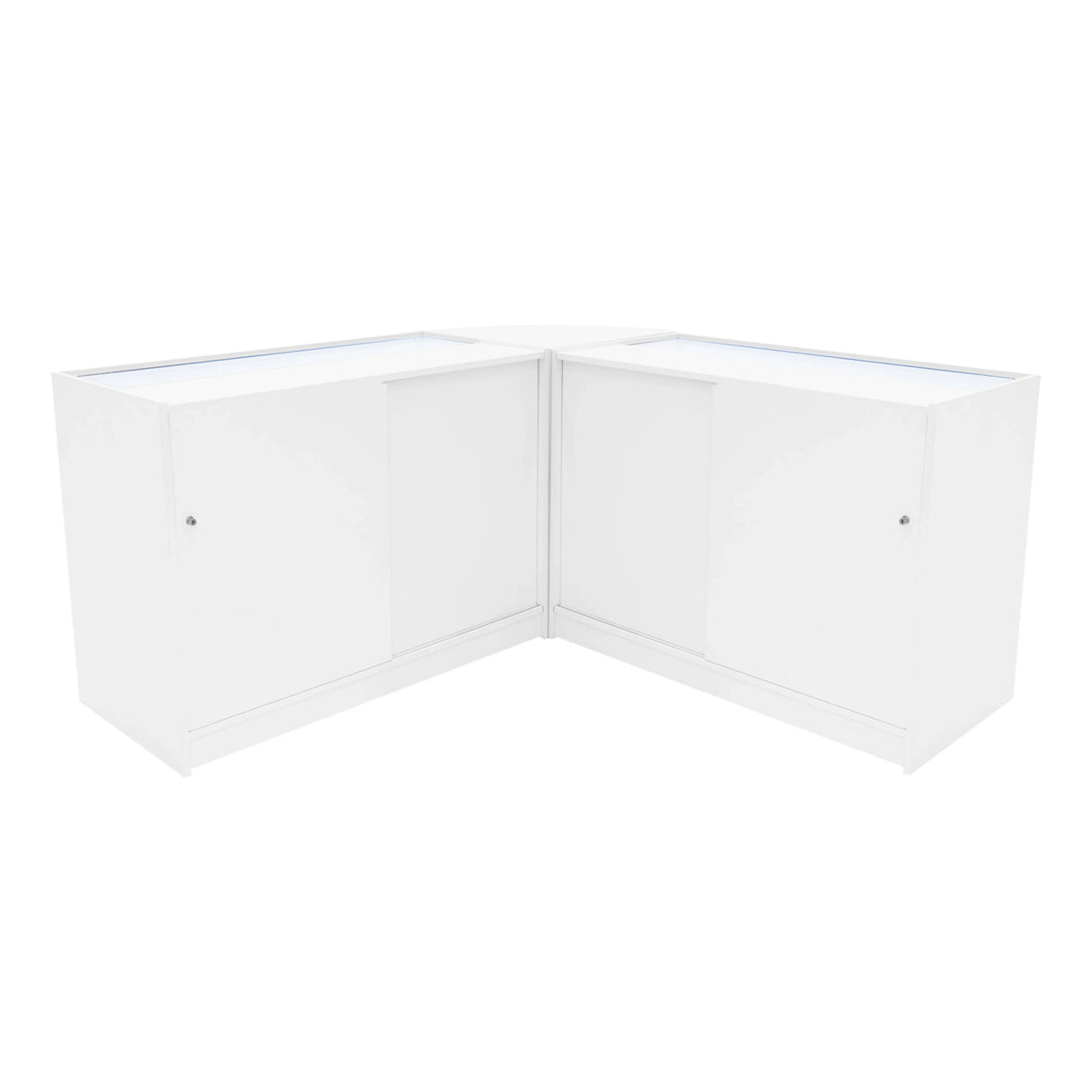 White Selene LED shop counter set featuring a sleek, modern design with two C1200 display units and smooth surfaces