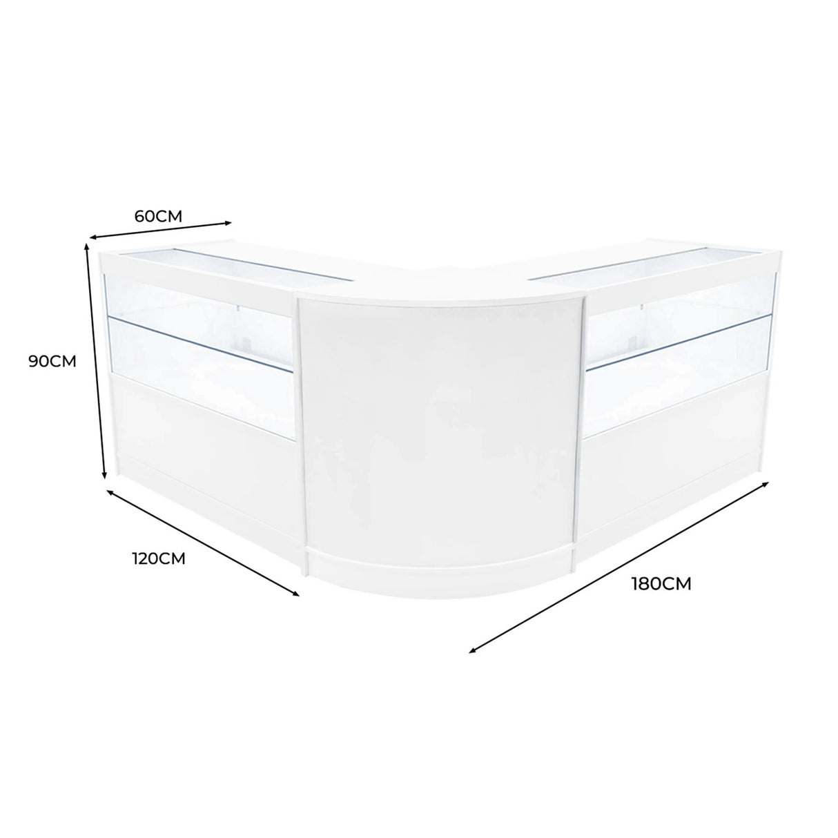 Curved white LED shop counter set with glass display sections, measuring 60cm by 180cm, ideal for retail environments